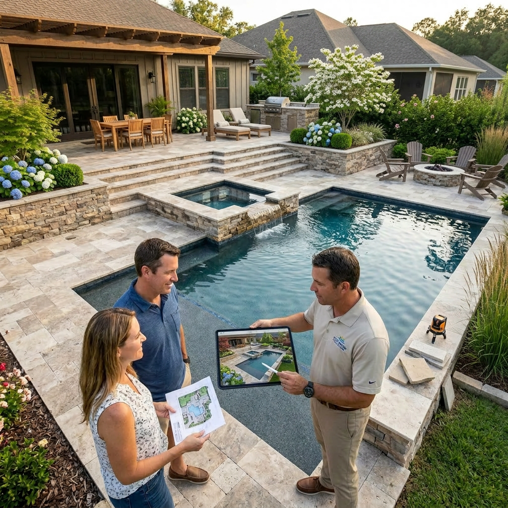Designer reviewing pool and hardscape plans on a tablet with homeowners next to a finished pool, spa, and travertine patio