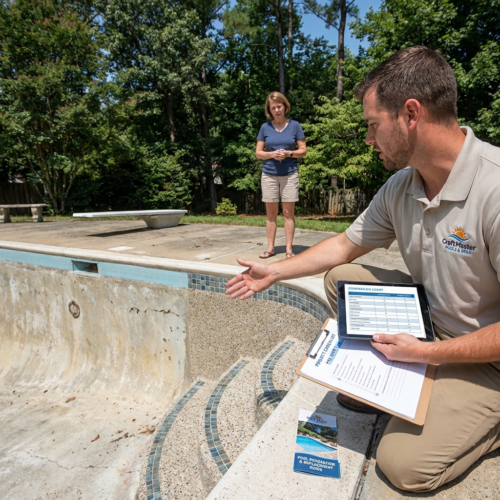 Pool resurfacing professional reviewing finish options and project plans at a concrete pool renovation site