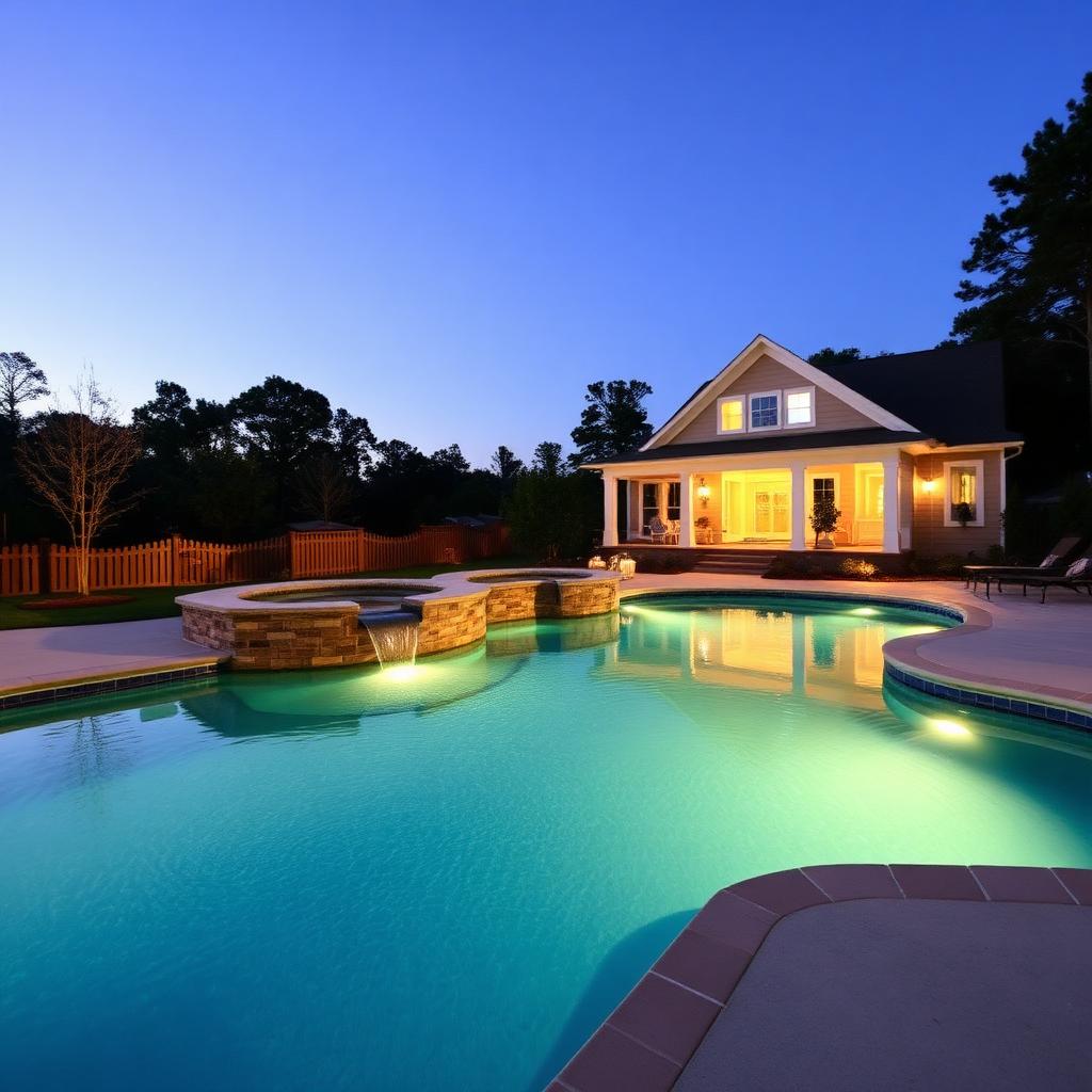 Completed luxury pool renovation with spillover spa and LED lighting at evening