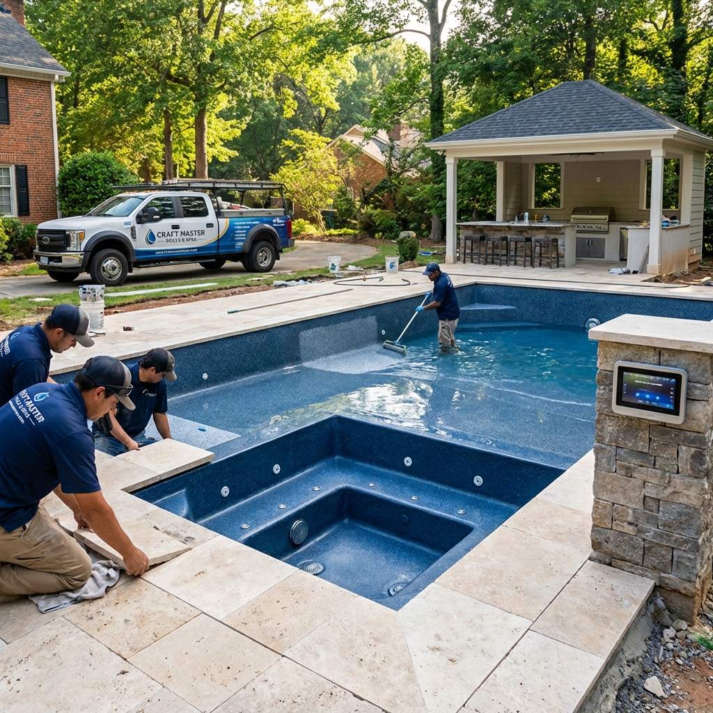 Completed pool renovation with elegant hardscaping and outdoor living space